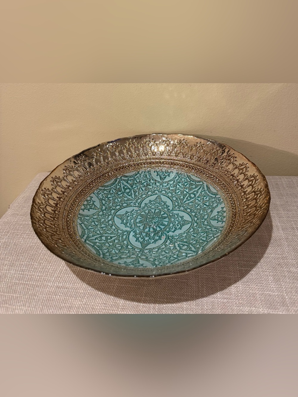 Artistic Accents Turkish Glass Mandala Serving Bowl Turquoise Silver 13"